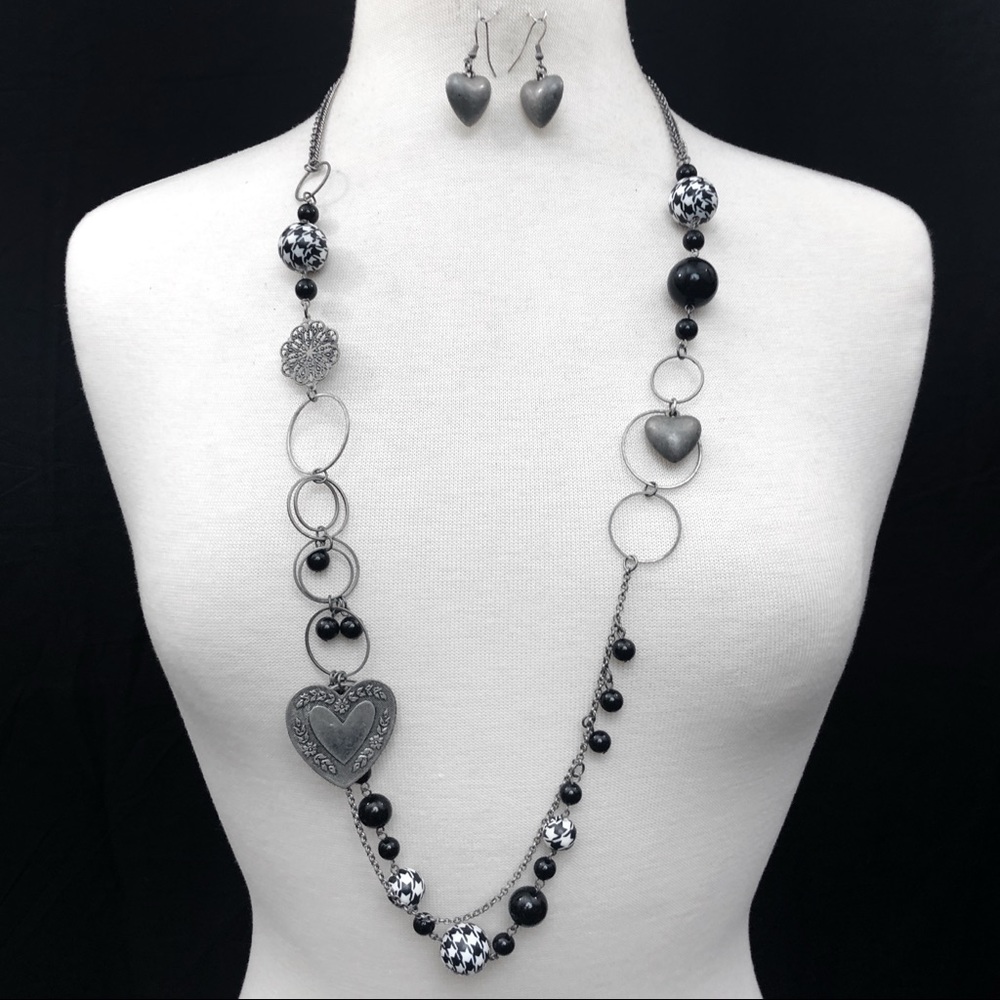Houndstooth Long Heart Chain Necklace Earrings Set